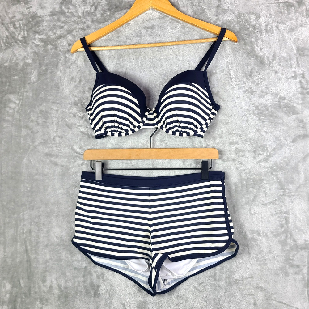 Boden Milos Moulded Cup Bikini Top US36DD Swim Shorts Size US6 Navy White Stripe
